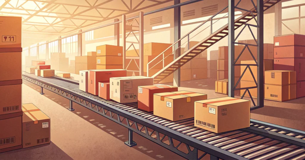 Boxes on a conveyor belt in a warehouse, representing a marketplace prep center.